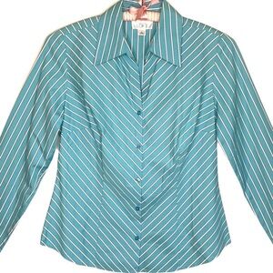 Ann Taylor Loft Classic Sky Blue White Pinstripe Long Sleeve Button Shirt Size 4